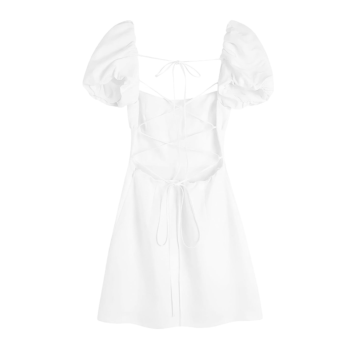 White Bodycon Lace Up Ruched Puff Sleeve Backless Mini Dress