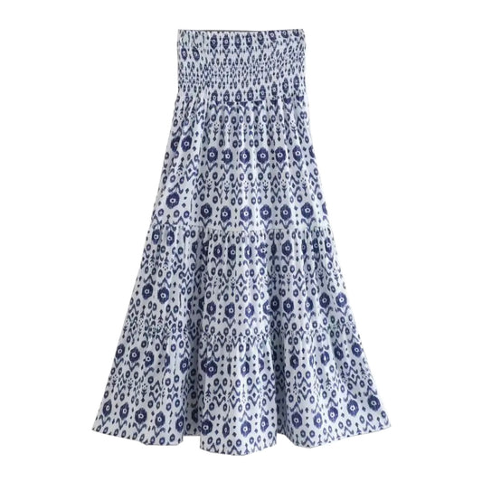Poros Blue Floral Mid-Rise Smocked Pleated Maxi Skirt