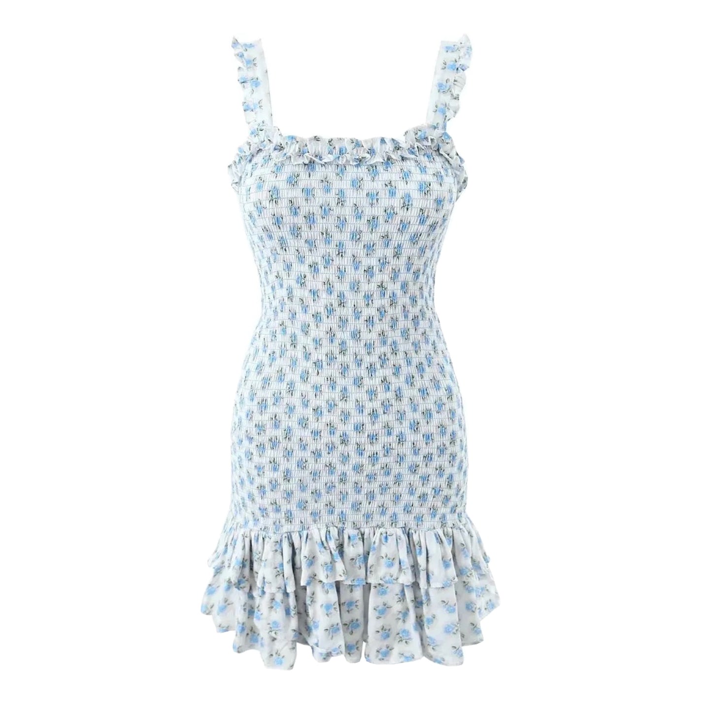 Harper Blue Floral Bodycon Smocked Ruffle Trim Spaghetti Strap Mini Dress