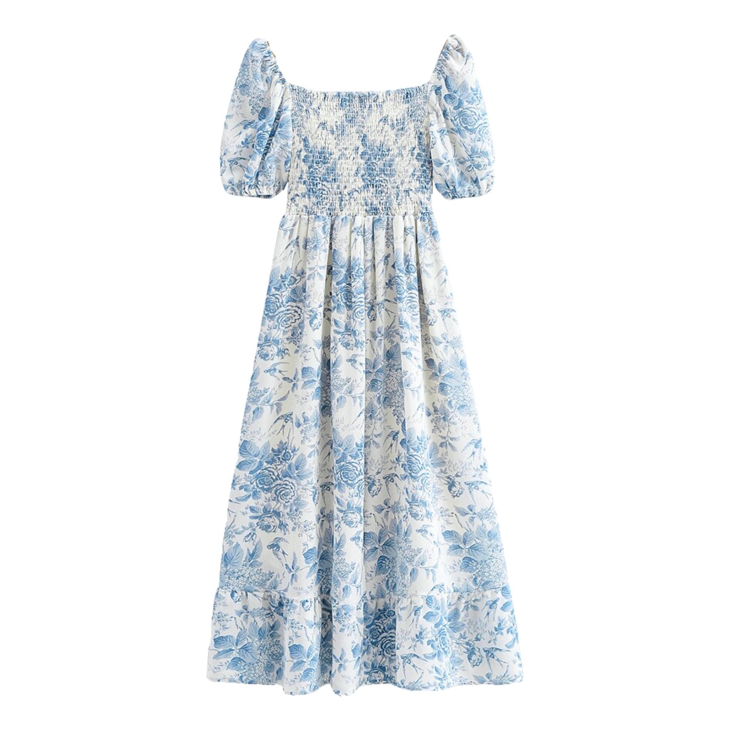 Coastal Blue Floral Print Puff Sleeve Smocked Midi Dress