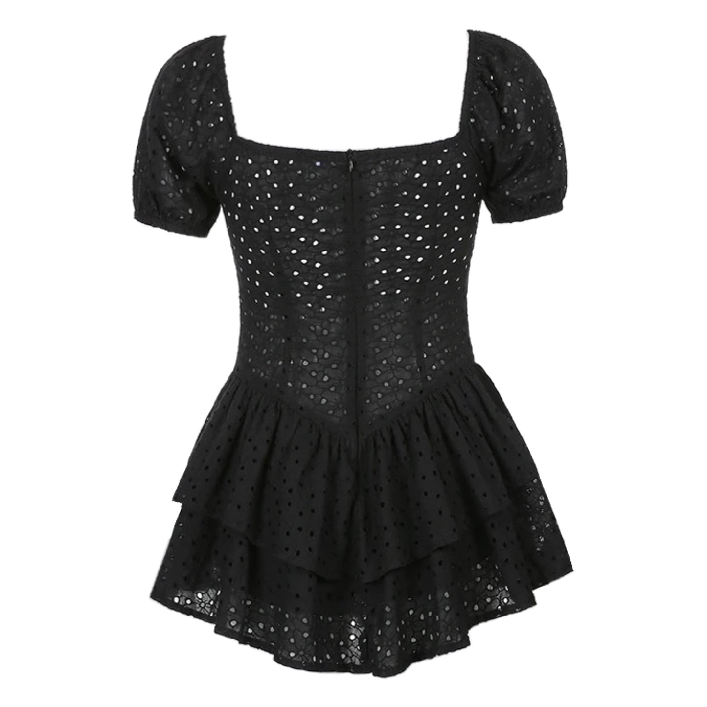 Black Eyelet Embroidered Layered Ruffle Puff Sleeve Mini Dress
