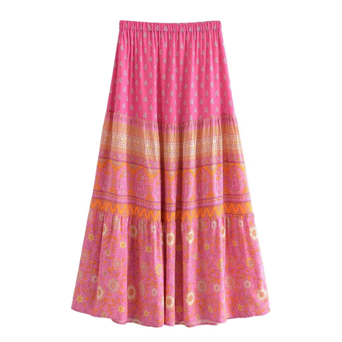 floral-print-pink-orange-yellow-multicolor-flower-geometric-striped-patterned-slim-fit-low-mid-rise-waisted-draw-string-fitted-waist-tiered-linen-flowy-boho-bohemian-hippie-midi-long-maxi-skirt-women-ladies-chic-trendy-spring-2025-summer-casual-feminine-semi-formal-preppy-style-tropical-vacation-beach-wear-australia-international-shipping