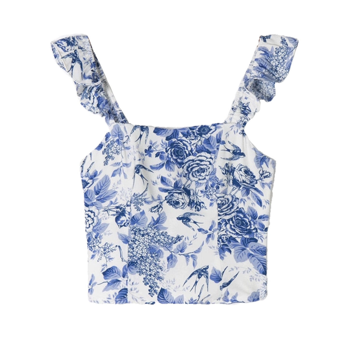 Blue Floral Print Ruffle Sleeve Tank Top