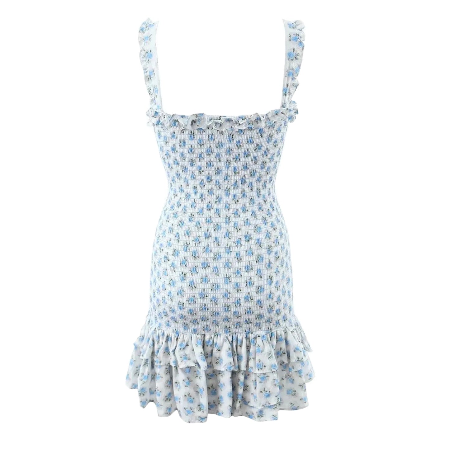 Harper Blue Floral Bodycon Smocked Ruffle Trim Spaghetti Strap Mini Dress