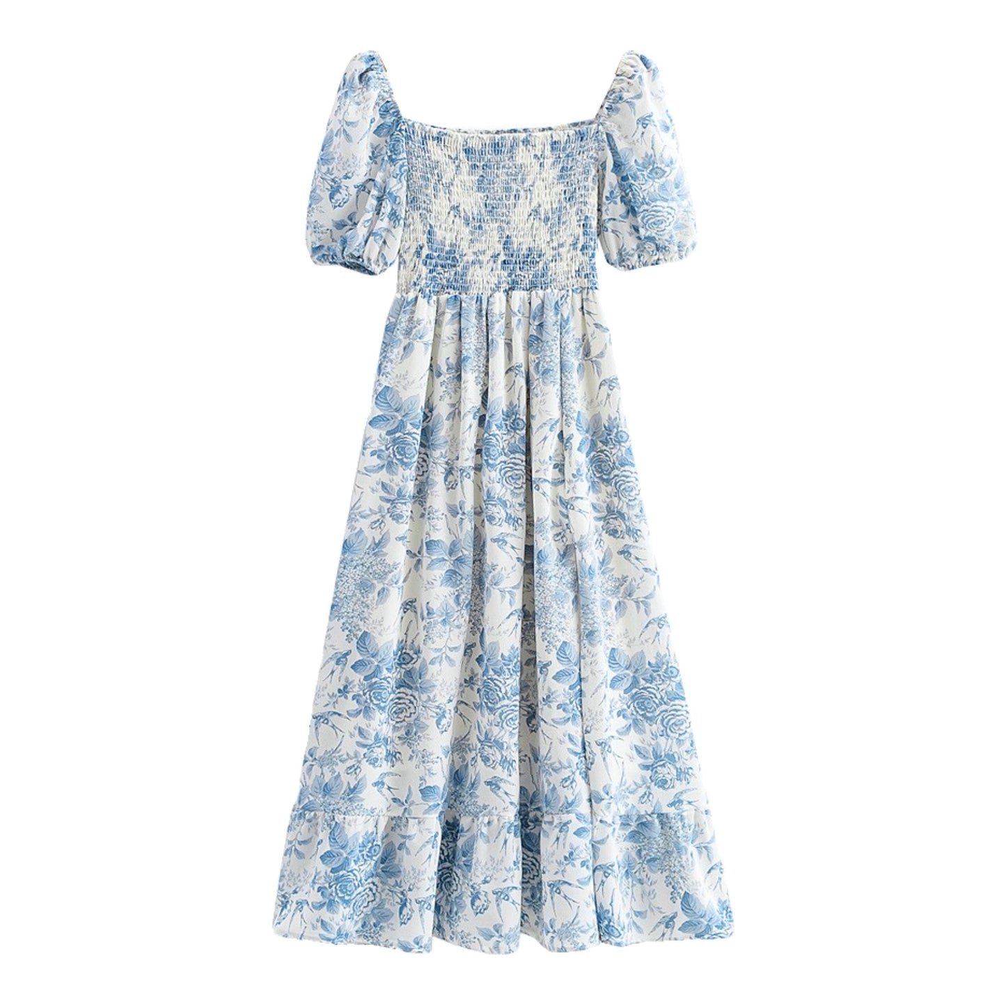 Coastal Blue Floral Print Puff Sleeve Smocked Midi Dress