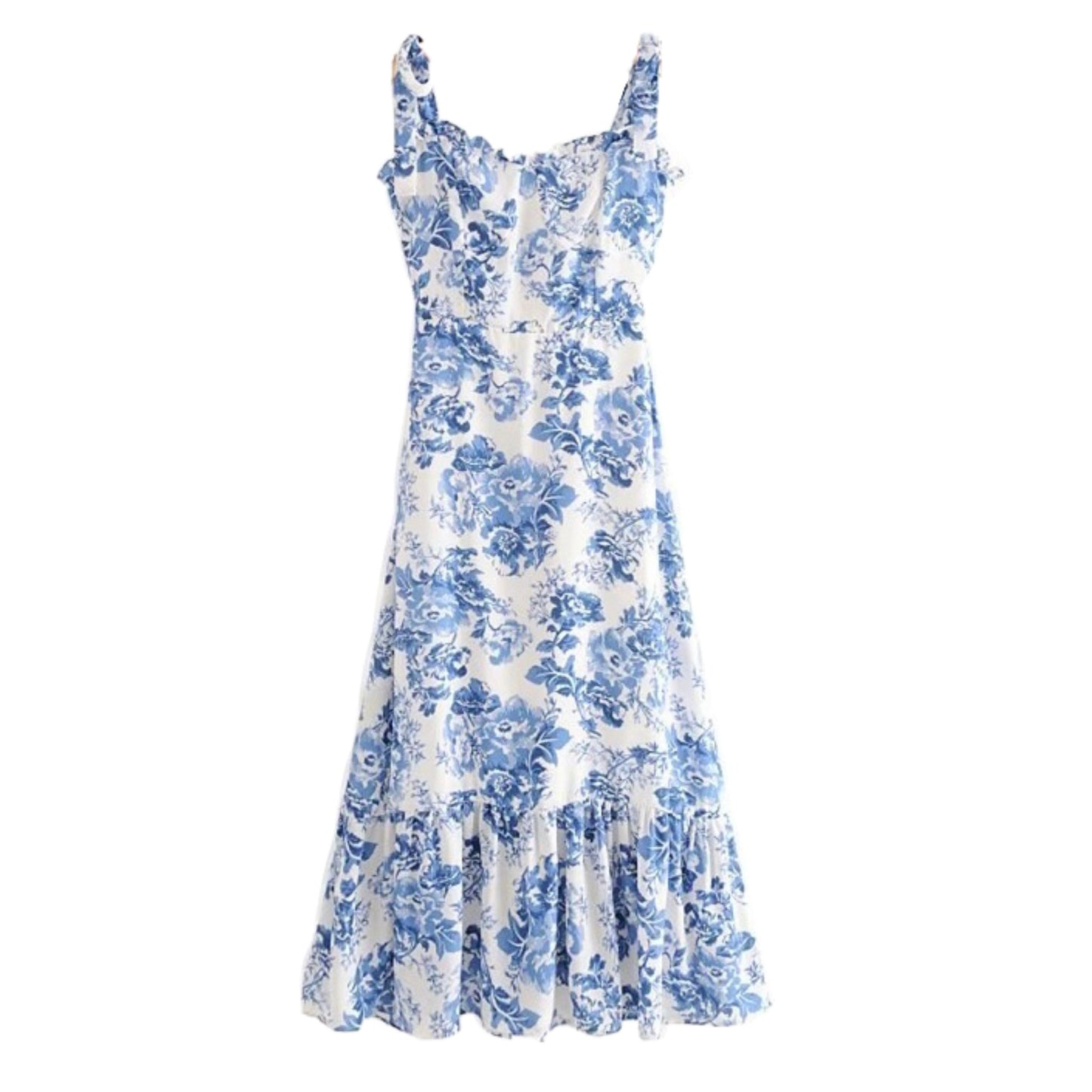 Coastal Blue Floral Print Bodycon Ruffle Trim Spaghetti Strap Maxi Dress
