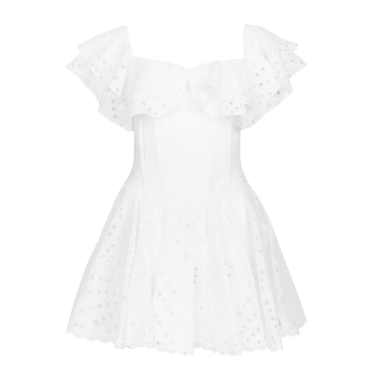 Athena White Eyelet Embroidered Layered Ruffle Smocked Short Sleeve Mini Dress