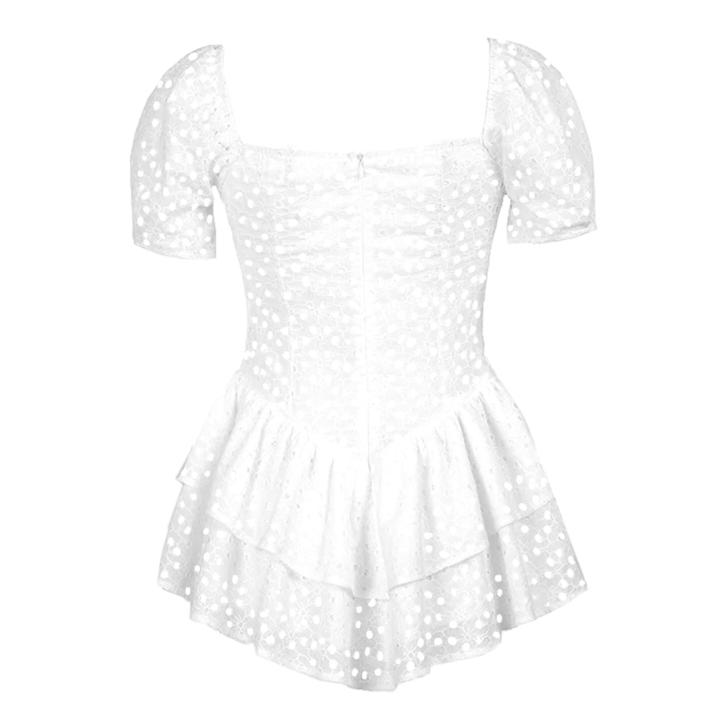 White Eyelet Embroidered Layered Ruffle Puff Sleeve Mini Dress