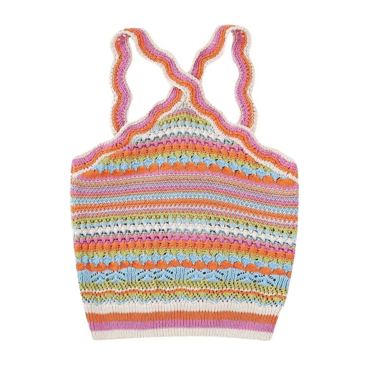 Rainbow Striped Knit Crochet V-Neck Crop Tank Top