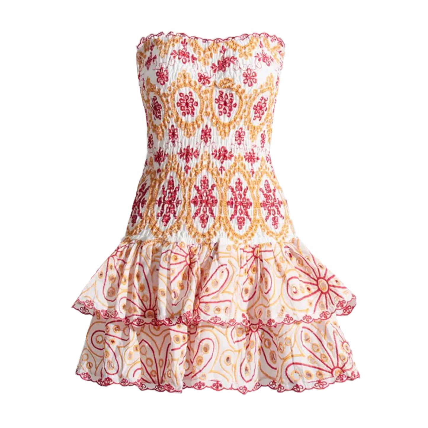 pink-red-orange-white-eyelet-embroidered-broderie-scalloped-anglaise-floral-patterned-bodycon-slim-drop-waist-shirred-bodice-fit-and-flare-layered-ruffle-trim-smocked-strapless-sleeveless-bandeau-sweetheart-neckline-tiered-boho-bohemian-mini-dress-couture-women-ladies-teens-chic-trendy-spring-2024-summer-2025-elegant-semi-formal-casual-feminine-preppy-prom-party-debutante-european-beach-wear-stockholm-style-tropical-vacation-sundress-australia-international-shipping-charo-ruiz-zimmerman-loveshackfancy-dupe
