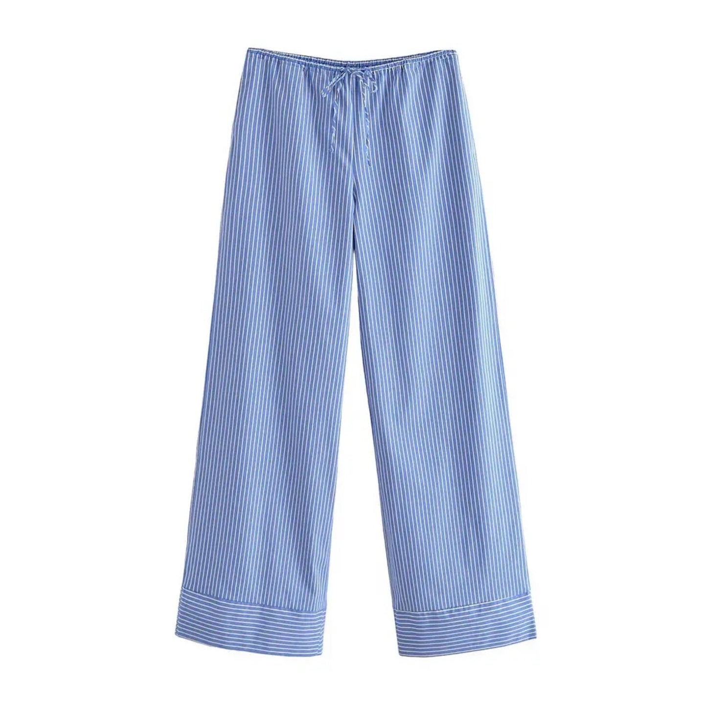 Blue Striped Seersucker Low-Rise Linen Pants
