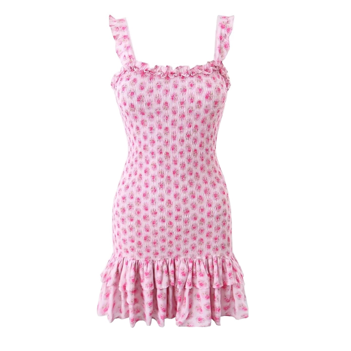 Stella Pink Floral Bodycon Smocked Ruffle Trim Spaghetti Strap Mini Dress