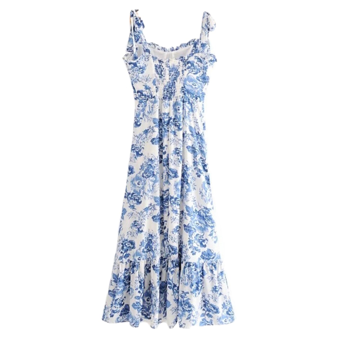 Coastal Blue Floral Print Bodycon Ruffle Trim Spaghetti Strap Maxi Dress