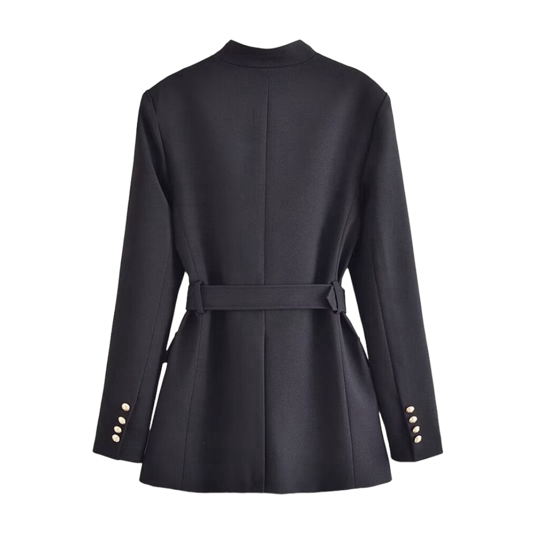 Black woolen military-inspired belted jacket for women featuring gold button-down front, tailored waist, long sleeves, crew neckline, and structured silhouette. Mid-thigh length coat dress style with attached belt and hourglass shape. Elegant fall and winter fashion outerwear for women and teens. Ships globally to US, UK, Canada, Australia, Europe, Asia, and more.