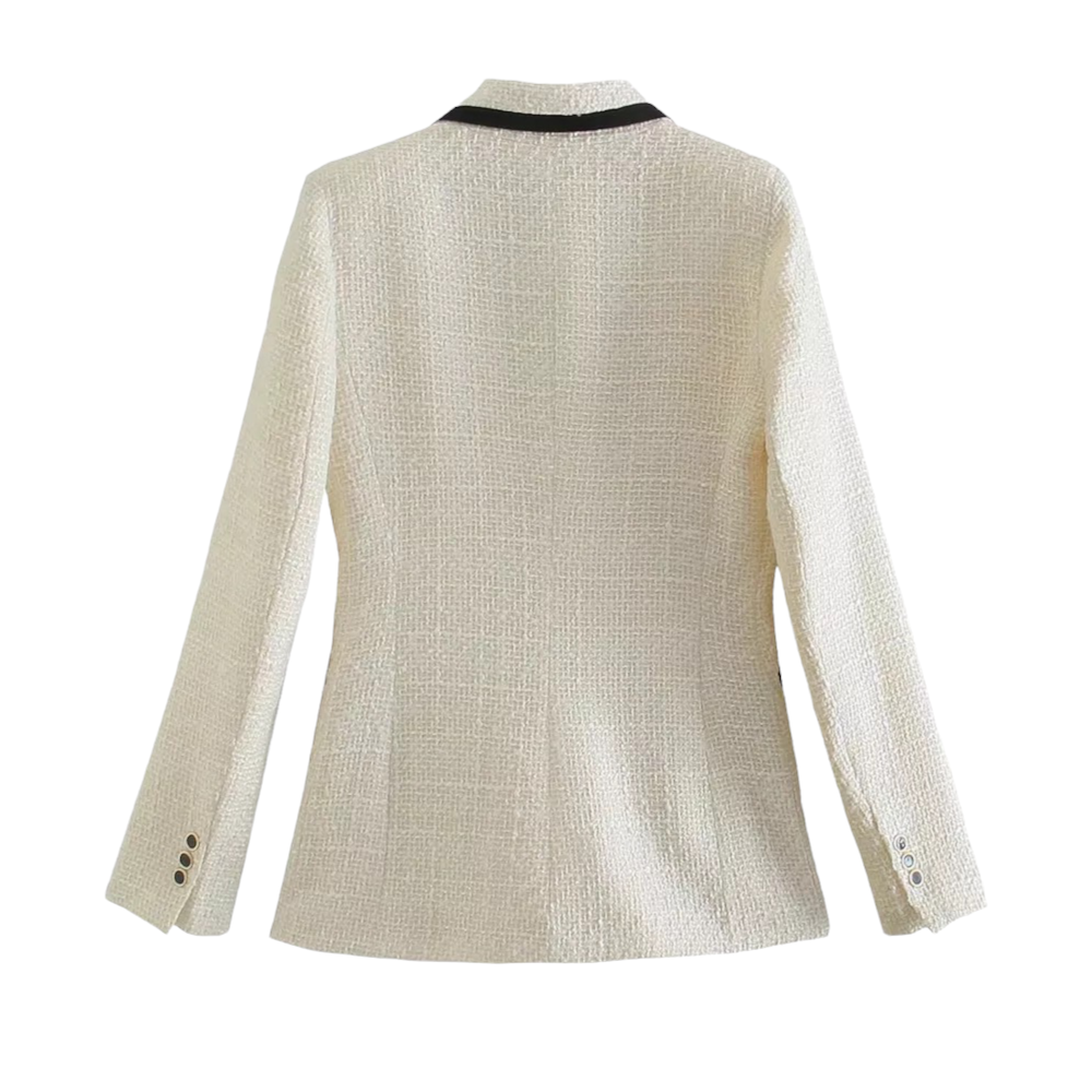 Cream White and Black Lined Tweed Long Sleeve Tailored Blazer Jacket featuring a structured double-breasted silhouette, satin lining, collared neckline, and front flap pockets. Elegant neutral tweed outerwear for women and teens. Perfect for fall, autumn, and winter 2025 fashion. Ships globally and worldwide to the US, UK, Canada, Australia, Europe, and Asia.