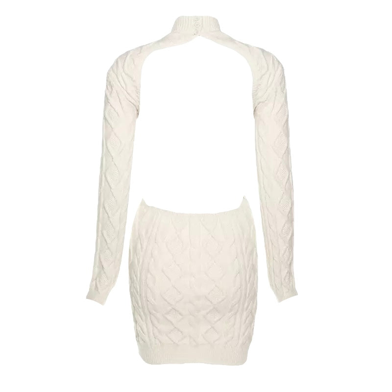 Cream white cable knit long sleeve turtleneck backless mini sweater dress for women and teens, soft cozy knitted crochet fabric, slim fit bodycon silhouette, fall autumn winter 2025 fashion, elegant casual minimalist everyday chic outfit, vintage retro inspired holiday Christmas party dress. Luxury classic feminine warm lightweight knit dress with worldwide global shipping to US, Australia, New Zealand, UK, Canada, Europe, Asia, Germany, France, and more.