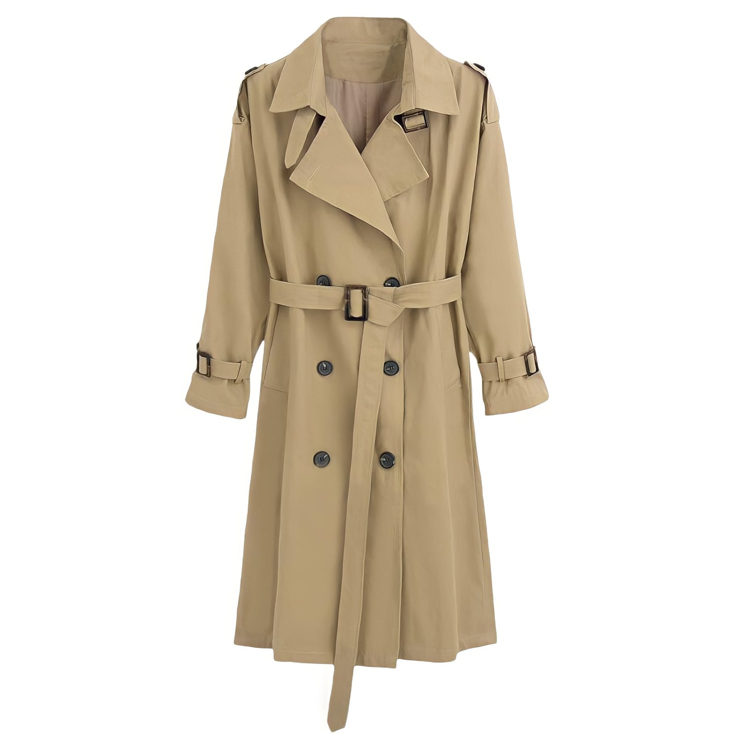 Khaki brown oversized button-down long sleeve trench coat for women, featuring a smooth lightweight woven fabric, double-breasted black buttons, wide lapel collar, belted waist, relaxed tailored fit, minimalist neutral style, fall and winter outerwear, elegant fashion coat, trendy streetwear, ships worldwide to US, Canada, UK, Australia, Europe, Asia.