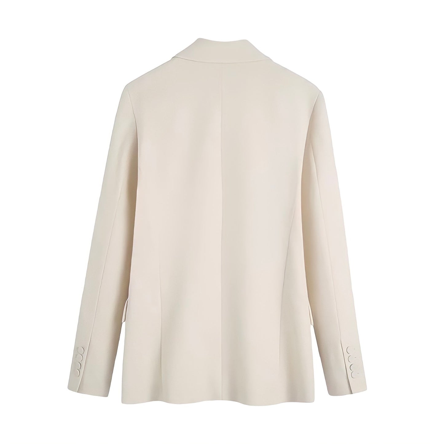Light Beige Long Sleeve Tailored Blazer Jacket featuring a structured oversized fit, double-breasted front, satin lining, collared v-neckline, and front flap pockets. Elegant, soft, and neutral outerwear for women and teens. Perfect for fall, autumn and winter 2025 fashion looks. Ships globally and worldwide to the US, UK, Canada, Australia, Europe, and Asia.