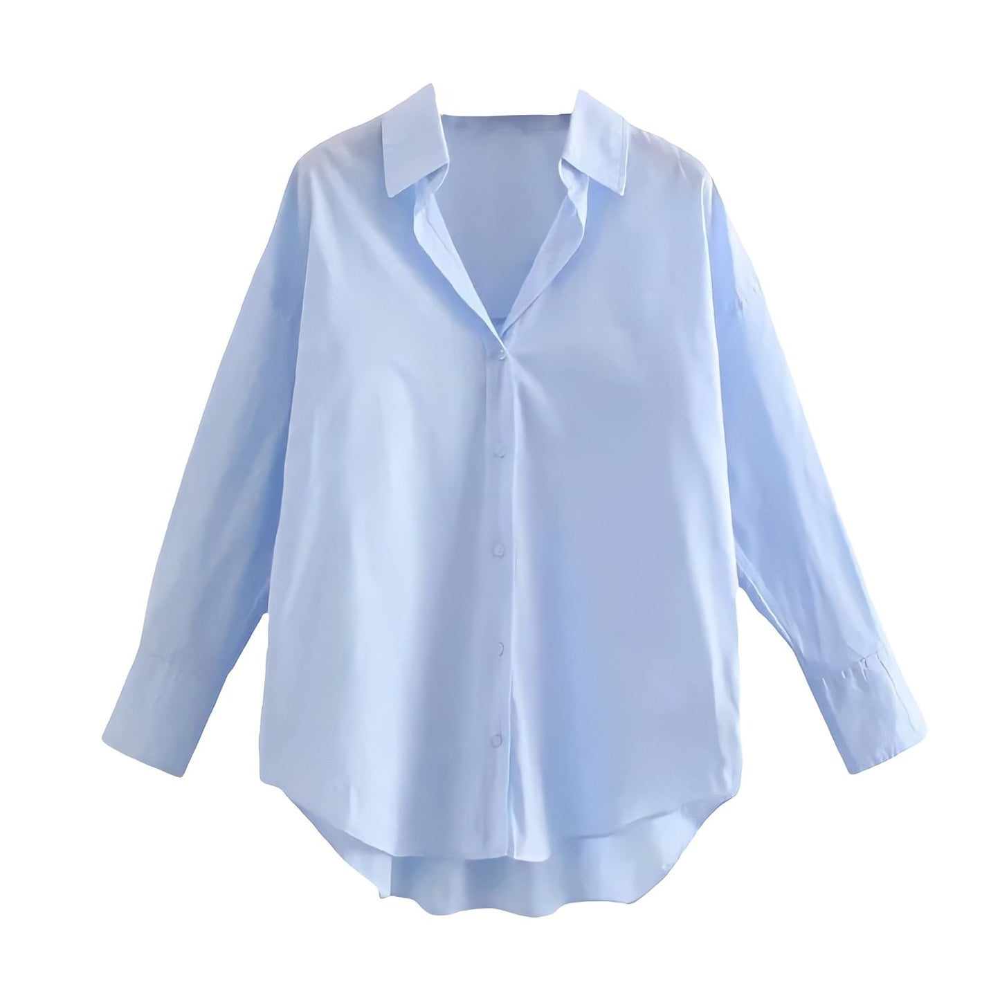 Light blue linen button down shirt featuring a soft, breathable cotton blend fabric and a relaxed oversized fit. Designed with a collared v neckline, single breasted button closure, and long sleeves for an effortless, elegant silhouette. Ideal for Euro summer, coastal, and vacation style outfits. Perfect for casual, minimalist, and preppy looks. Ships globally and worldwide to the US, UK, Canada, Australia, New Zealand, Europe, Asia, and more.