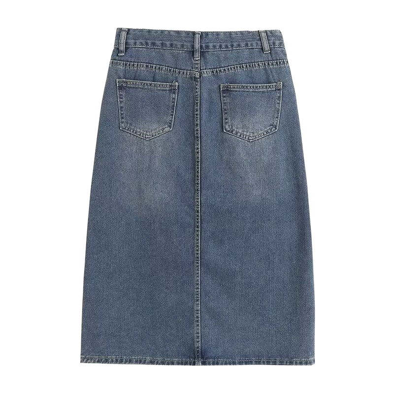 Dark Blue Faded Mid-Rise Split Denim Midi Skirt