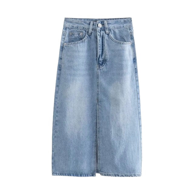 Light Blue Faded Mid-Rise Split Denim Midi Skirt