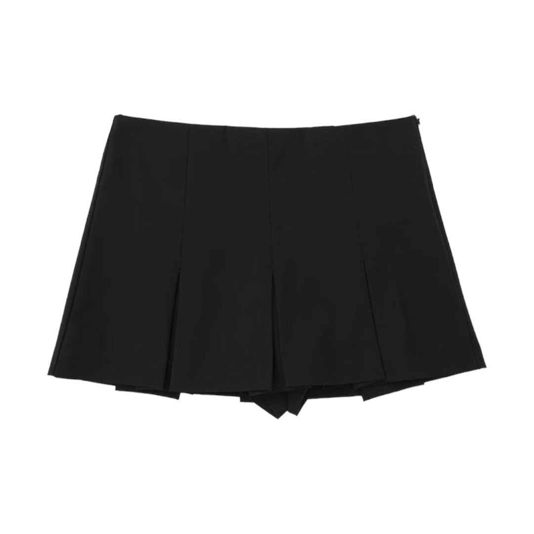 Black Low-Rise Pleated Tailored Mini Skirt
