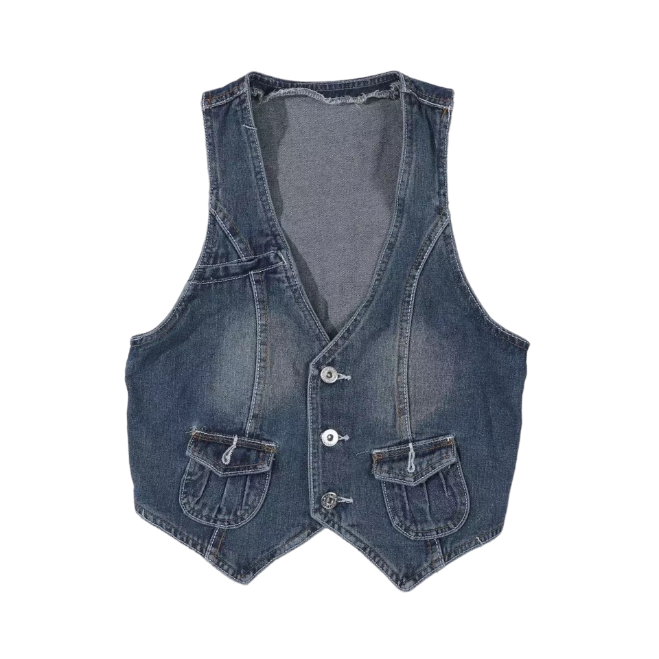 Dark Blue Faded Retro Denim Cropped Vest Top