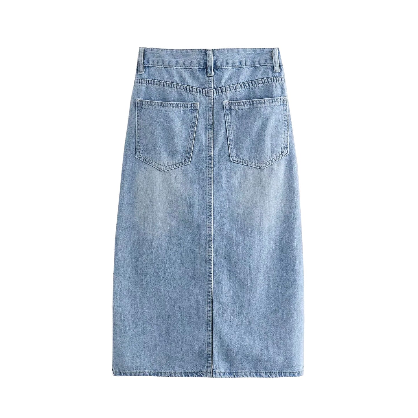 Light Blue Faded Mid-Rise Split Denim Midi Skirt