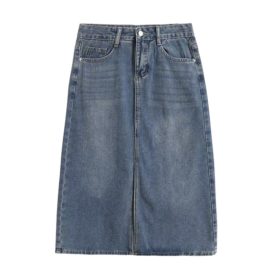 Dark Blue Faded Mid-Rise Split Denim Midi Skirt