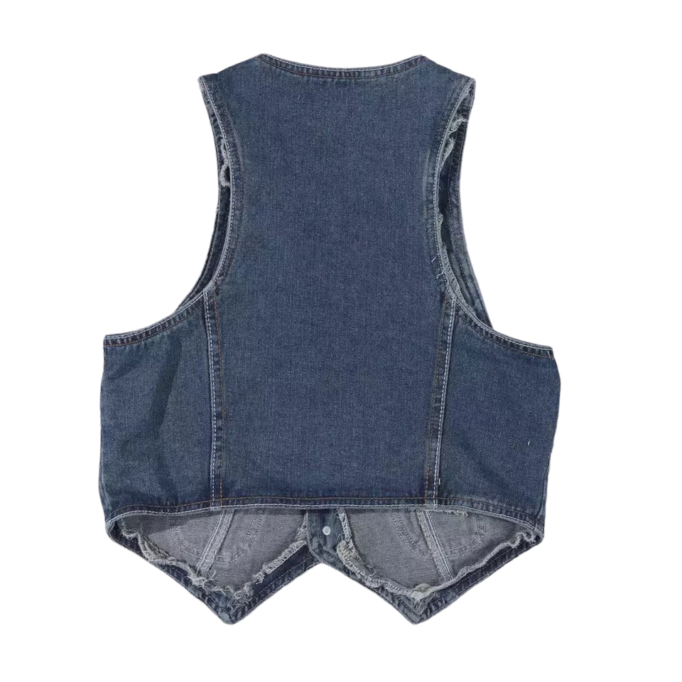 Dark Blue Faded Retro Denim Cropped Vest Top