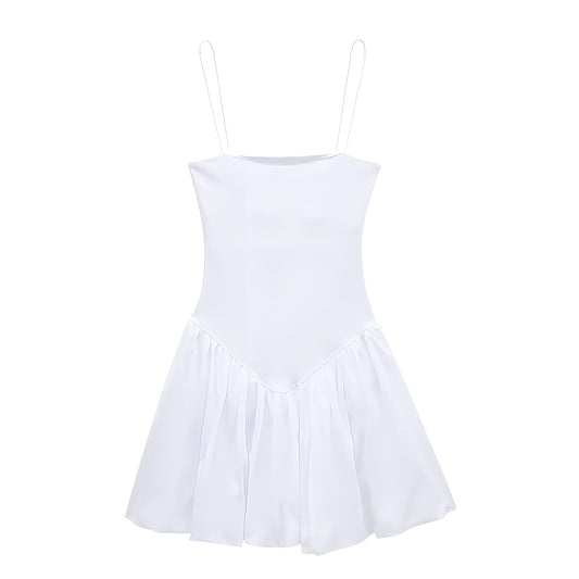 White Slim Fit Spaghetti Strap Ruffled Drop Waist Mini Dress