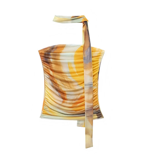 Alcúdia Yellow Tie-Dye Patterned Slim Fit Ruched Strapless Tube Top With Scarf