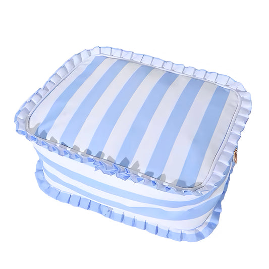 Light Blue Striped Ruffle Trim Makeup Bag