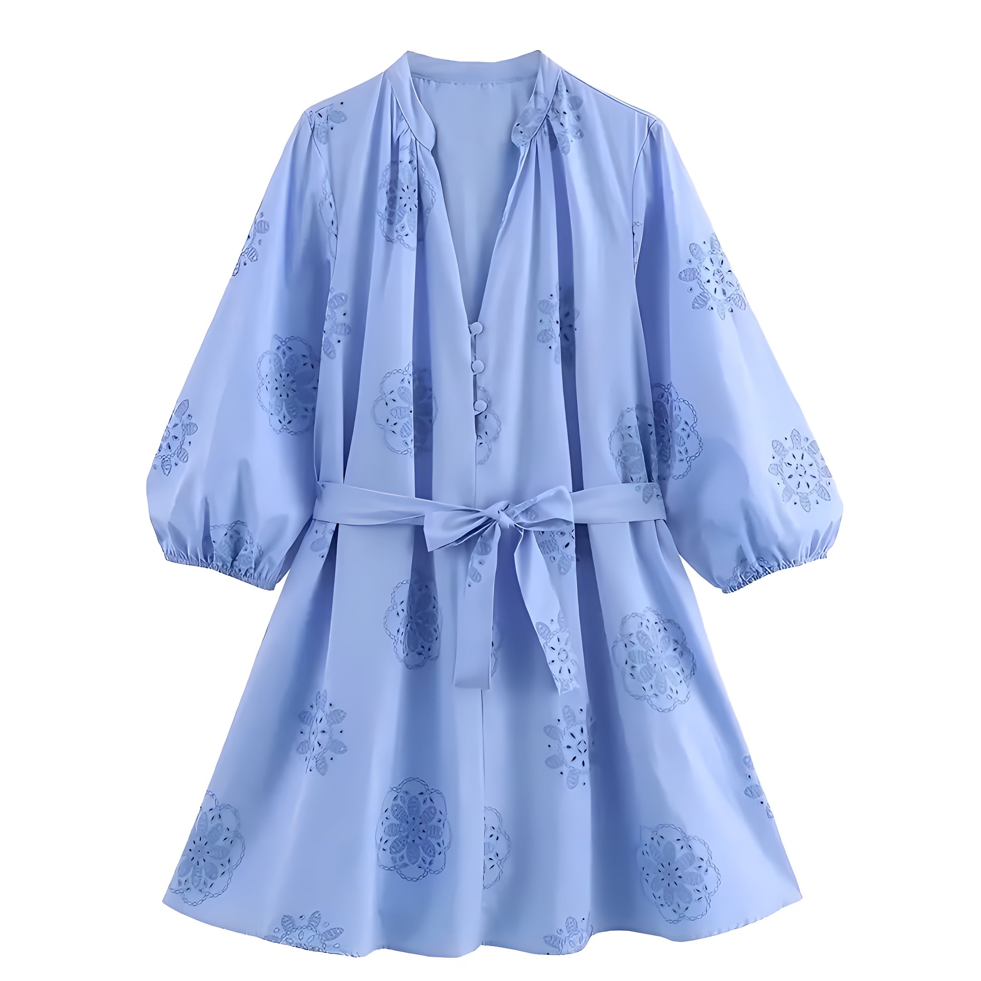 Light Blue Eyelet Embroidered V-Neck Long Puff Sleeve Linen Mini Dress Dazey Hill Light Blue Eyelet Embroidered V-Neck Long Puff Sleeve Linen Mini Dress Dazey Hill