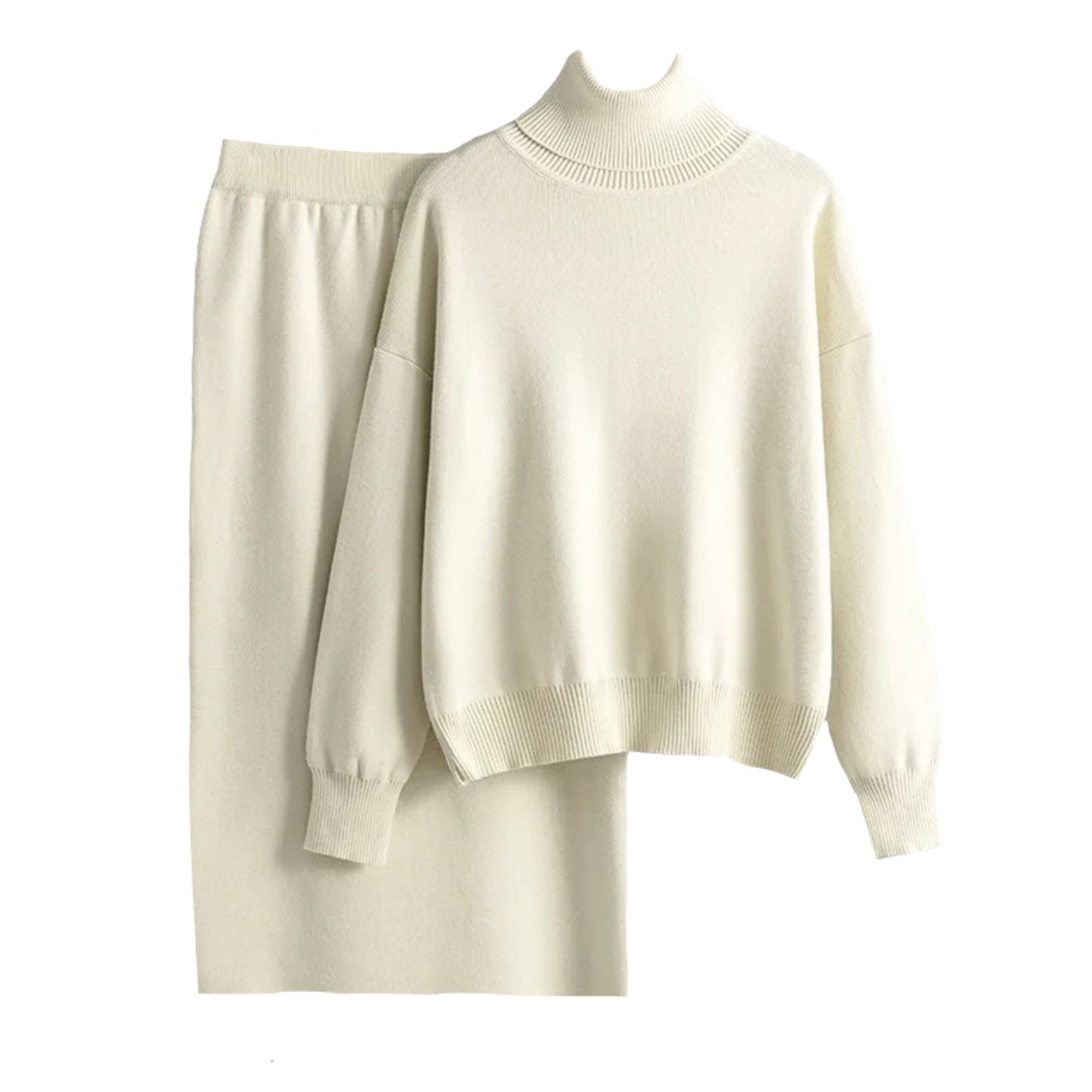 Beige Knit Turtleneck Oversized Sweater & Skirt Set