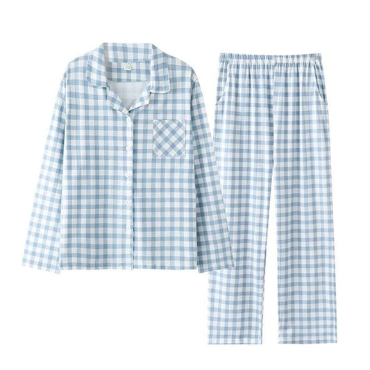 Light Blue Checkered Cotton Pajama Set