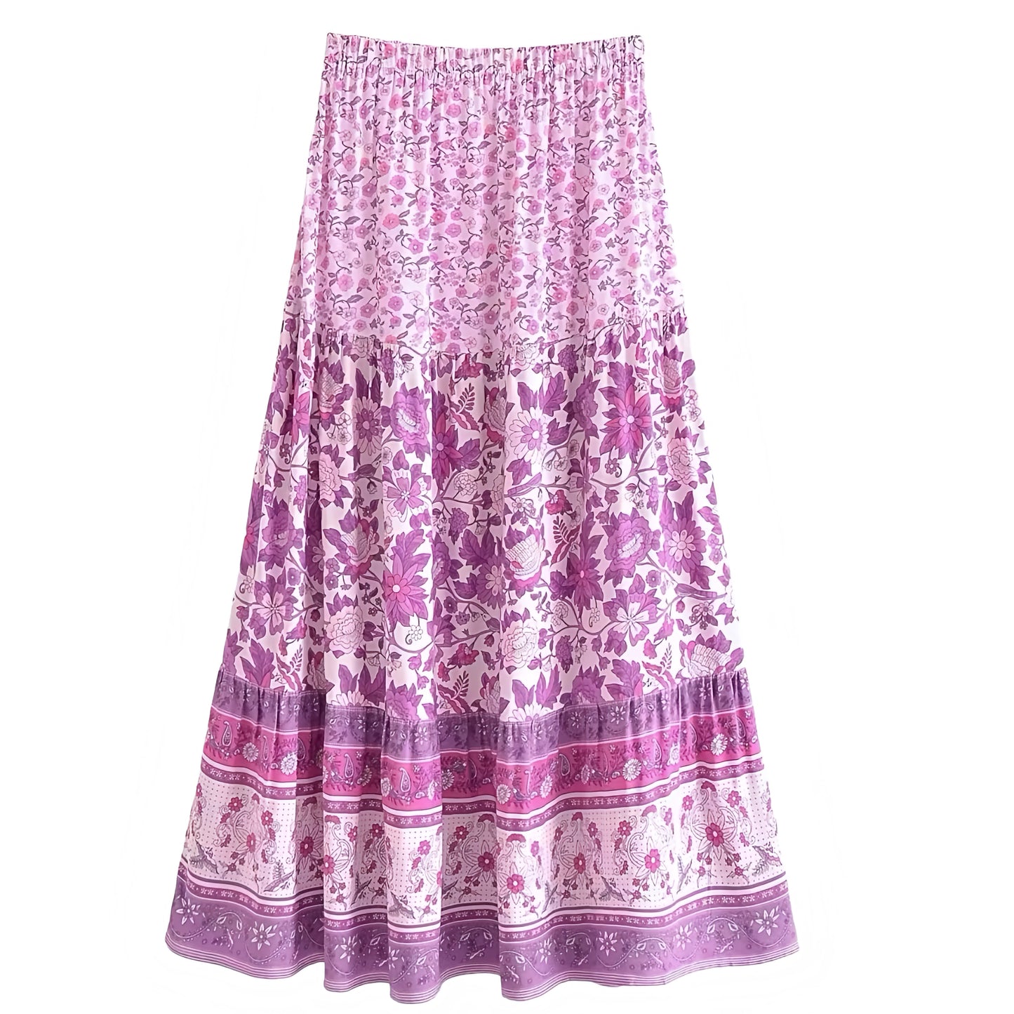 Purple Floral Print Low-Rise Tiered Boho Maxi Skirt