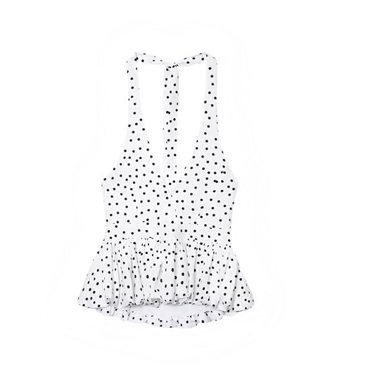 White & Black Polka Dot Slim Fit Ruffled Sleeveless V-Neck Peplum Halter Tank Top