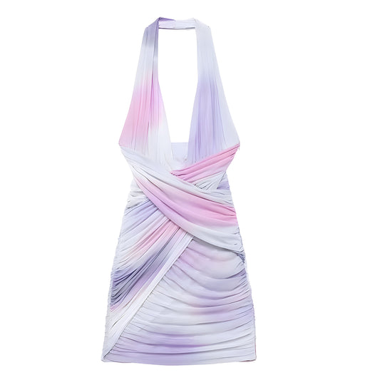 Light Purple Tie-Dye Bodycon Asymmetric Sleeveless Halter Mini Dress