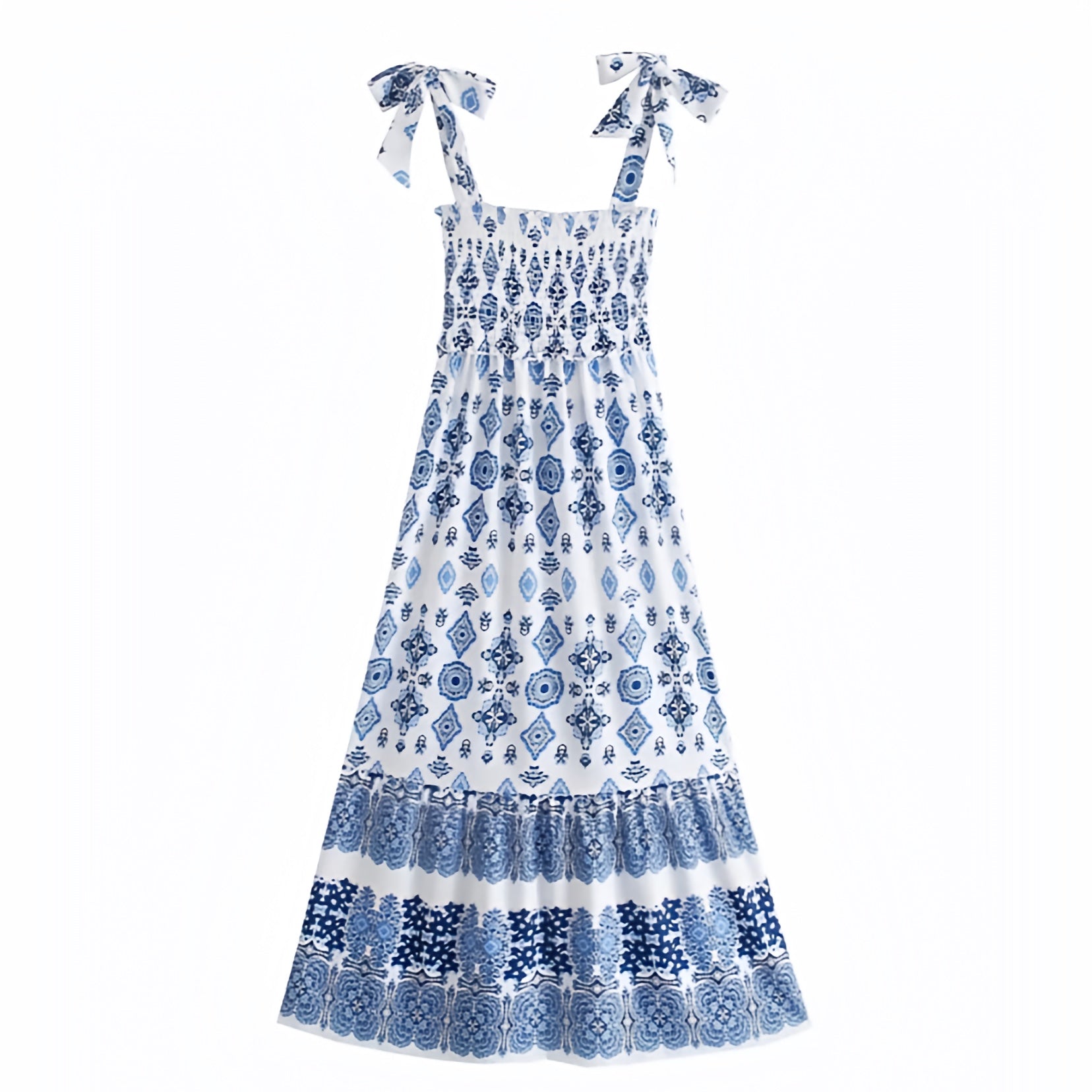 Positano Blue & White Patterned Smocked Spaghetti Strap Maxi Dress – Dazey Hill