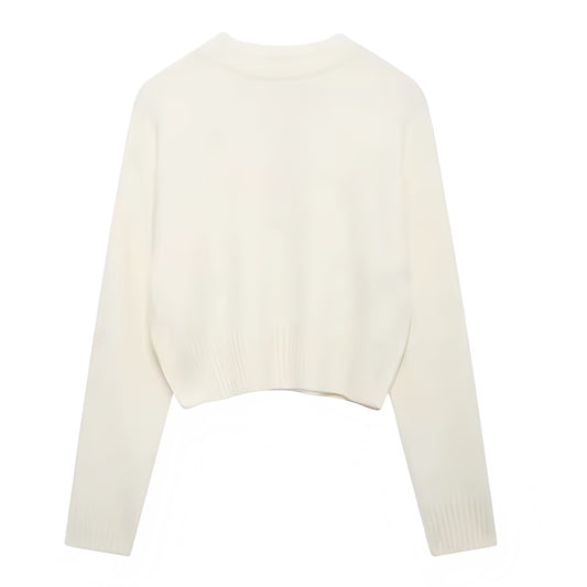 Cream White Knit Woolen Long Sleeve Cropped Pullover Sweater