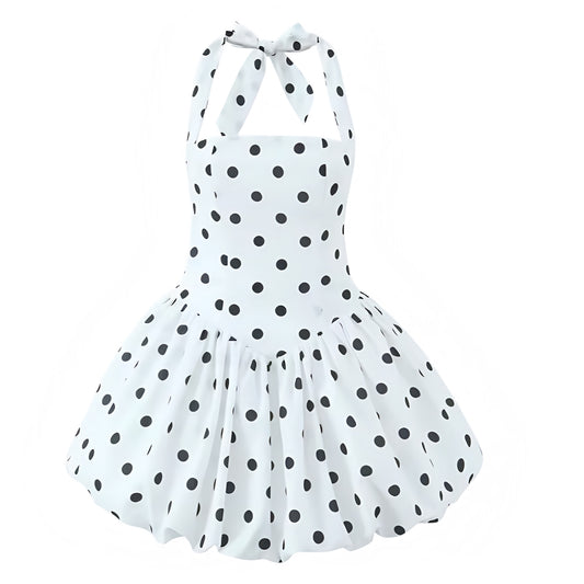 White & Black Polka Dot Corset Drop-Waist Halter Mini Dress