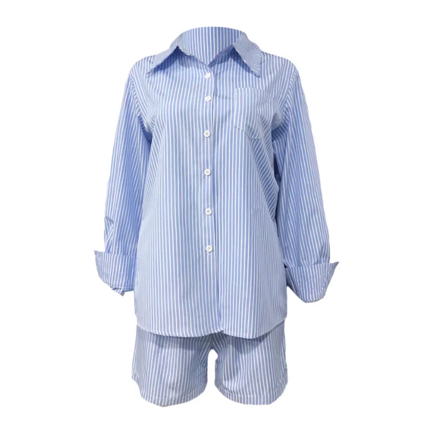 Sky Blue Striped Button Up Shirt & Shorts Set