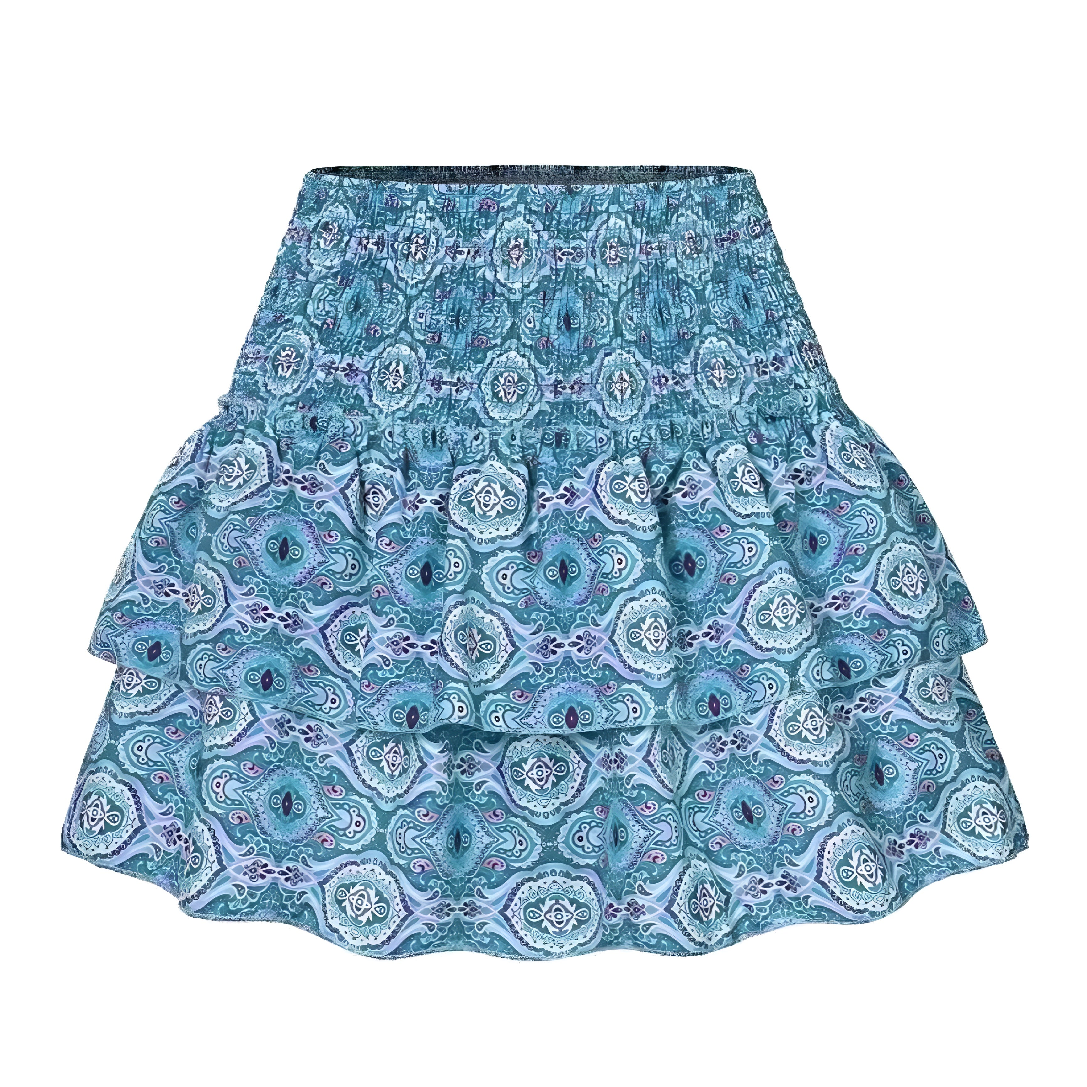 Blue Turquoise Patterned Layered Ruffle Smocked Tiered Mini Skirt S