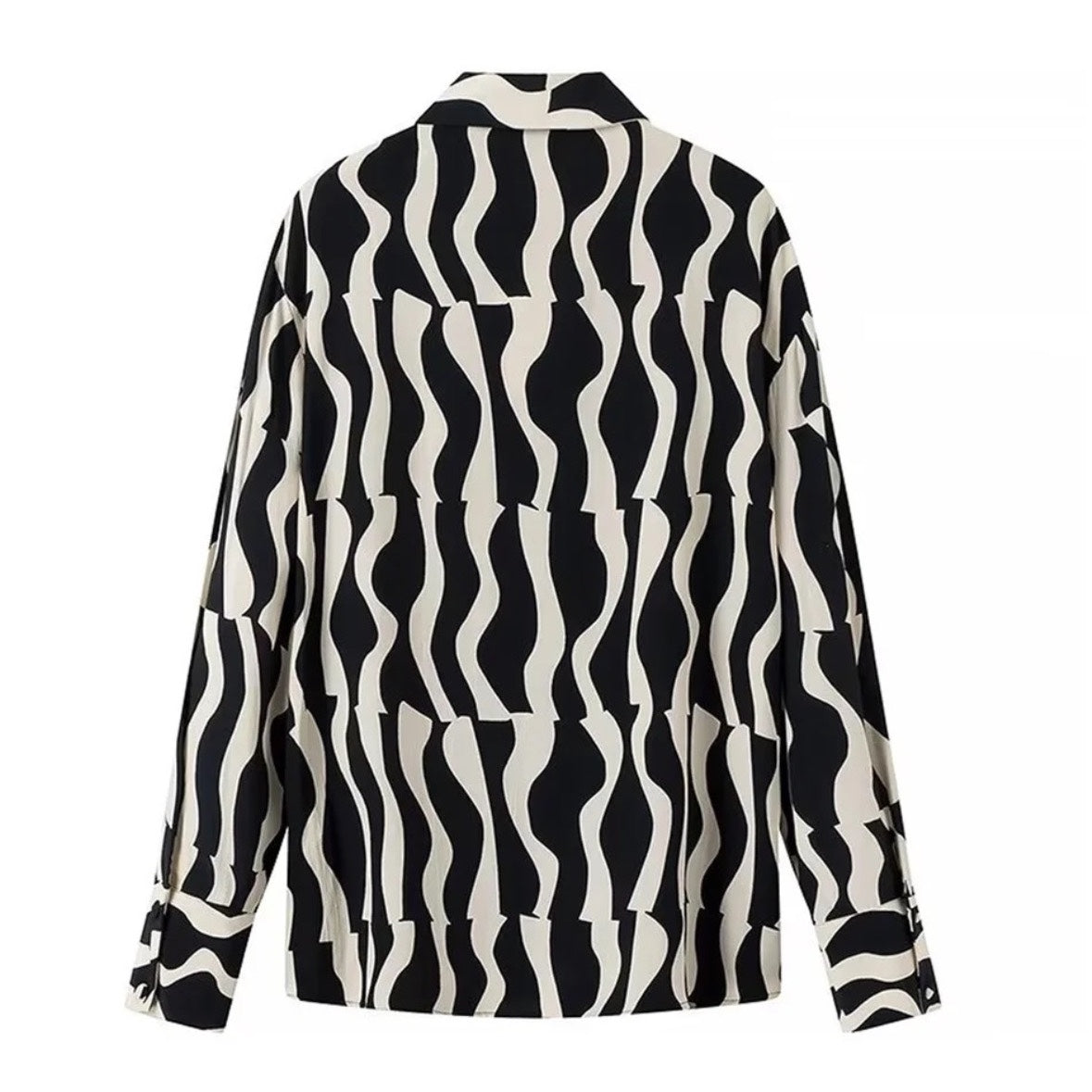Black & White Stripe Patterned Button-Down Long Sleeve Linen Blouse Shirt
