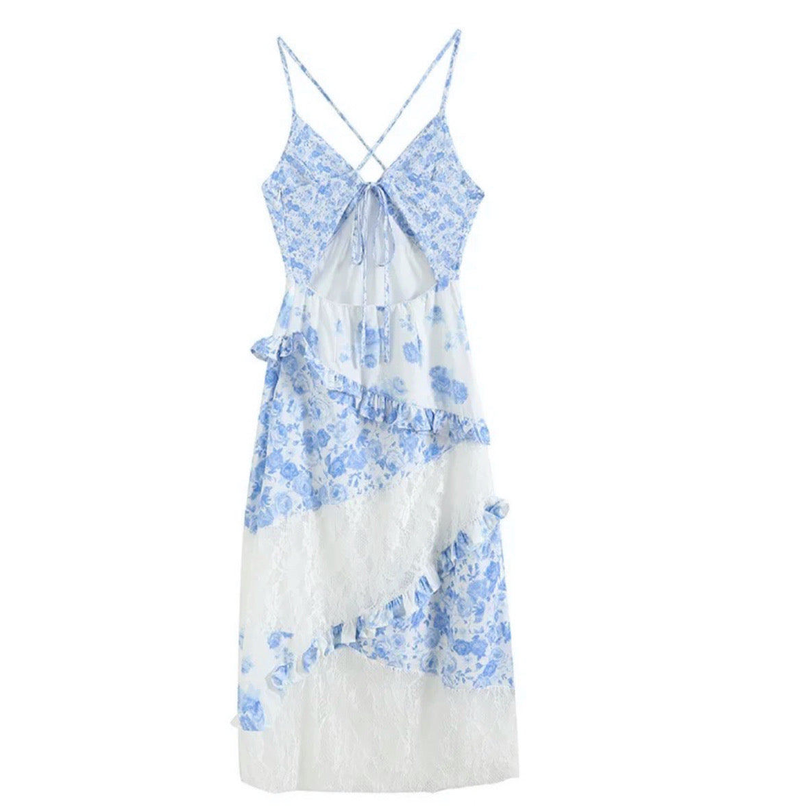 Light Blue Floral Print Bodycon Lace Tiered Ruffle Spaghetti Strap Backless Maxi Dress