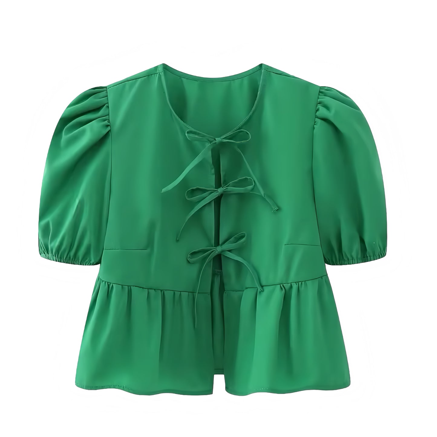 Dark Green Bow Lace Up Short Puff Sleeve Camisole Blouse Top