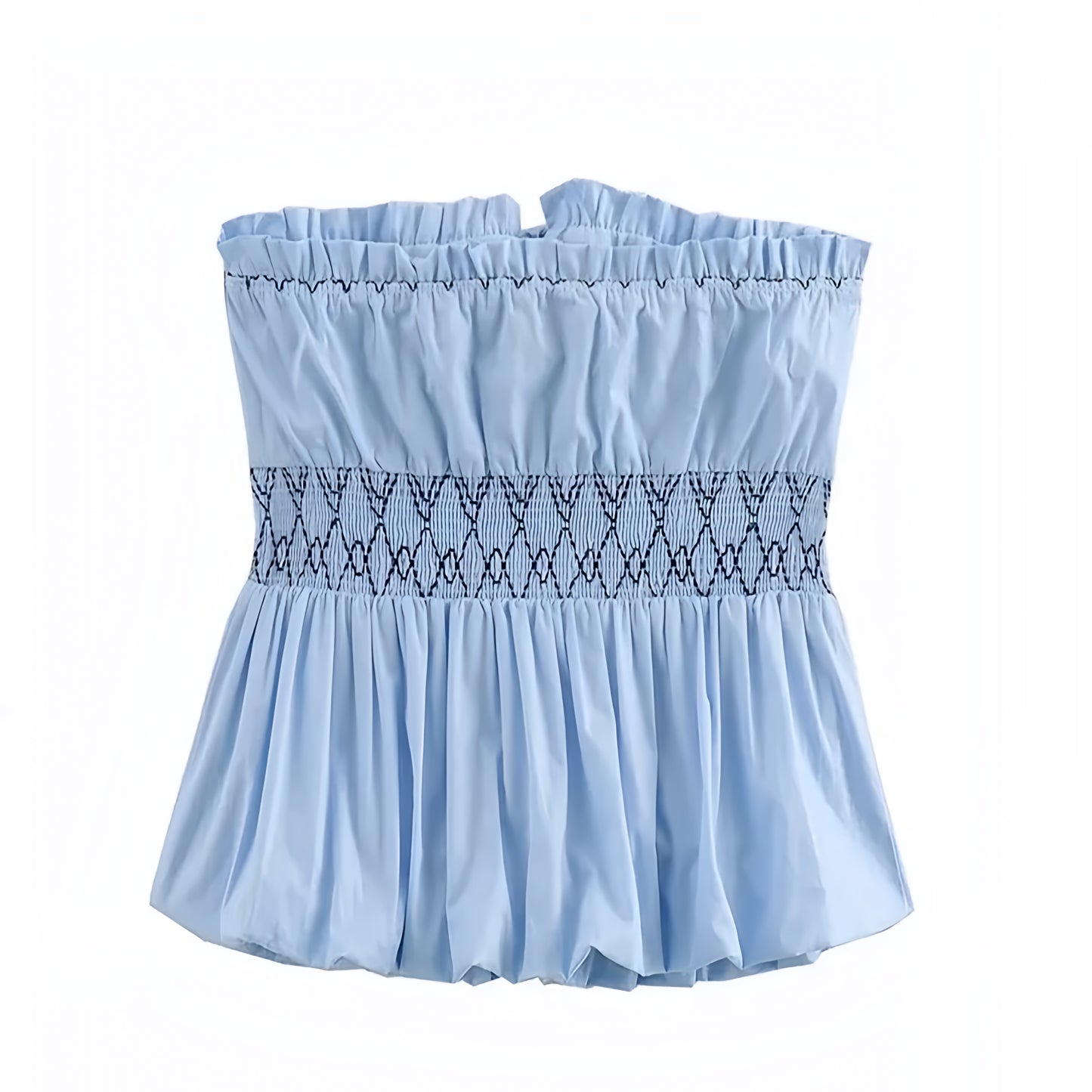 Light Blue Embroidered Smocked Strapless Bustier Tube Top