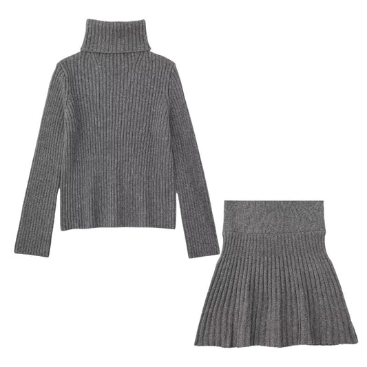 Dark Grey Knit Woolen Turtleneck Long Sleeve Sweater & Mini Skirt 2 Piece Set