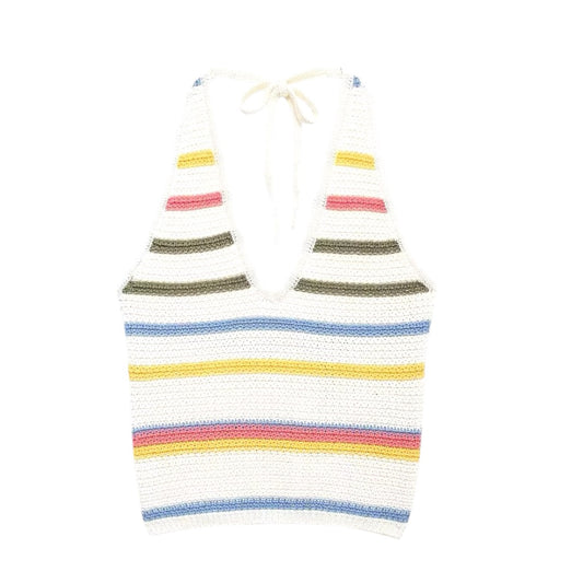 Polly Rainbow Striped Crochet Knit V-Neck Halter Tank Top